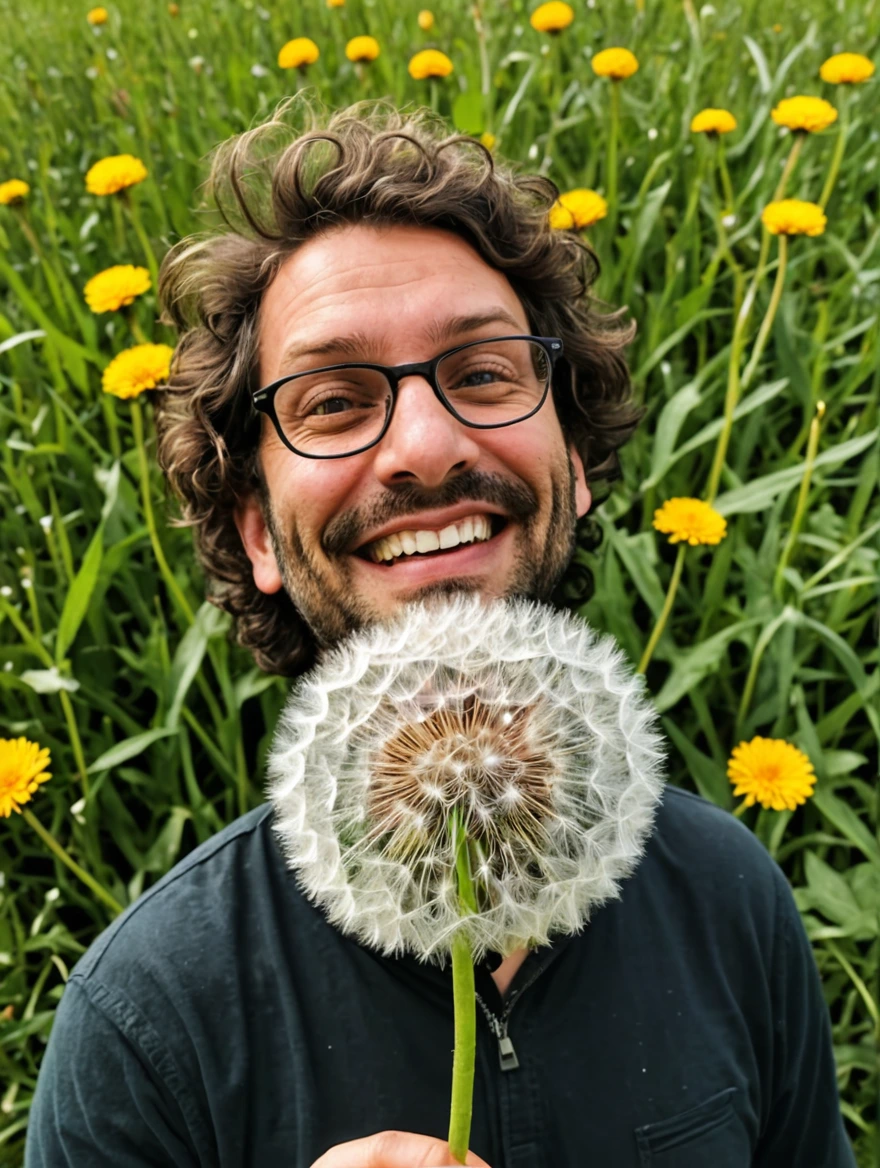 tiny man standing under a giant dandelion