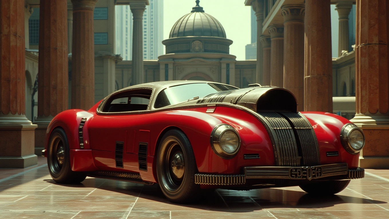 Romepunk ancient roman crimson and huge bronze ornate car surrounded by sci-fi roman imperial romepunk colossal city. Domes and columns. cinematic, epic realism,8K, highly detailed, documentary film still