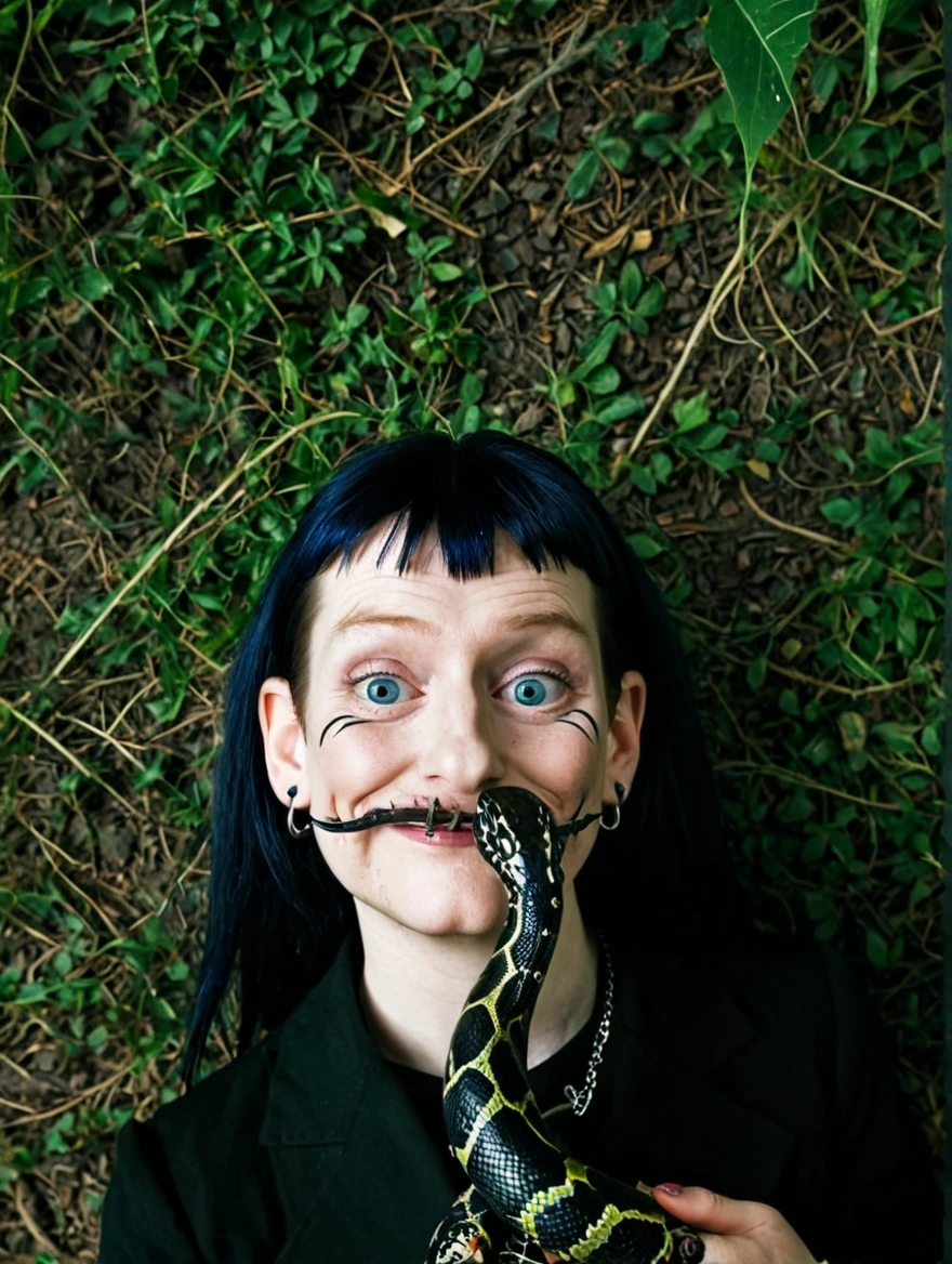 A female goth with piercings and a pet snake