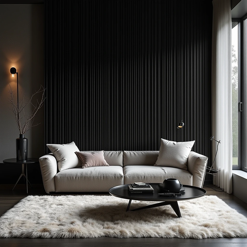 Interior, fractal-striped black and white luxurious living room with obsidian and sheepskin