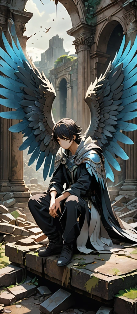 A fallen angel with massive, majestic wings - tattered and worn from fierce battles. Perched on the ground amidst ancient ruins, their strength drained and a look of sorrow in their eyes. The scene is captured in a highly detailed anime style, reminiscent of Studio Ghibli's intricate artwork. The illustration exudes a dreamy and somber atmosphere, with a mix of abstract elements that bring the character to life in high definition and high resolution.