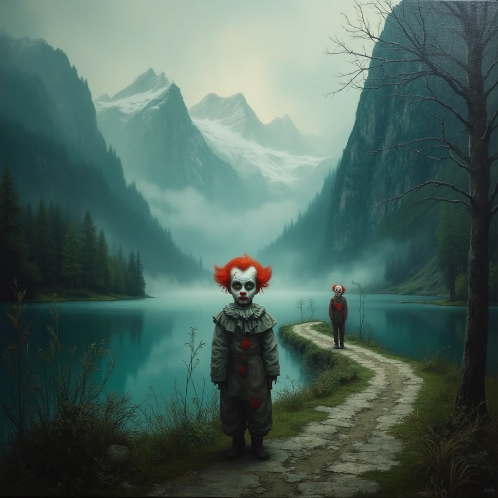 A hauntingly surreal painting depicting a child with features reminiscent of a creepy clown, standing beside a mist-covered lake with towering mountains in the background. A dilapidated road winds through the scene, where another eerie clown-like figure lurks. The child's intense gaze pierces through the mist, creating a disturbing ambiance. The artwork blends realism and abstraction, featuring dark hues and intricate detailing that add to the sense of mystery. Vibrant bursts of color accentuate the child amidst the misty landscape, amplifying the overall eerie atmosphere.