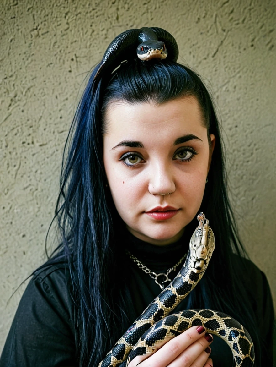 A female goth with piercings and a pet snake