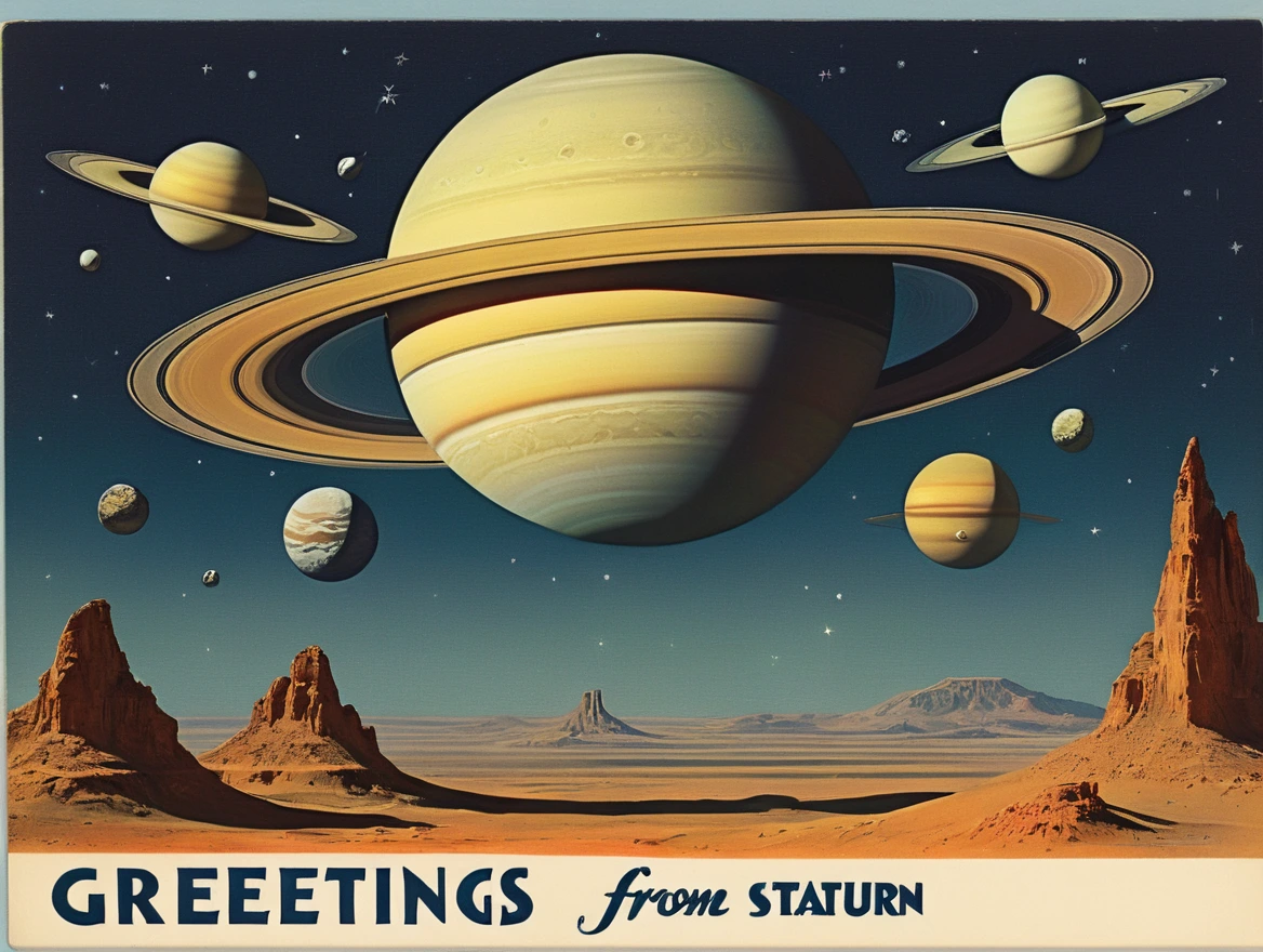 Postcard with text "Greetings from Saturn", vintage postcard style,