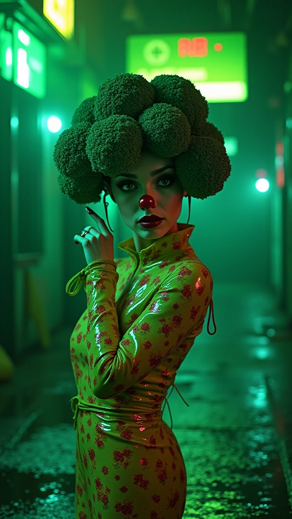 Neon colors, floral, unsettling, retro, vintage, glossy, satin-like, night-time, futuristic, iridescent,green , clown nose, futuristic fashion, scary broccoli whimsical, fantasy, green latex, dystopian, outdoors, metallic, hybrid, water, translucent, eerie, unsettling surrealism, muted colors horrorcore aesthetic [add buxom]