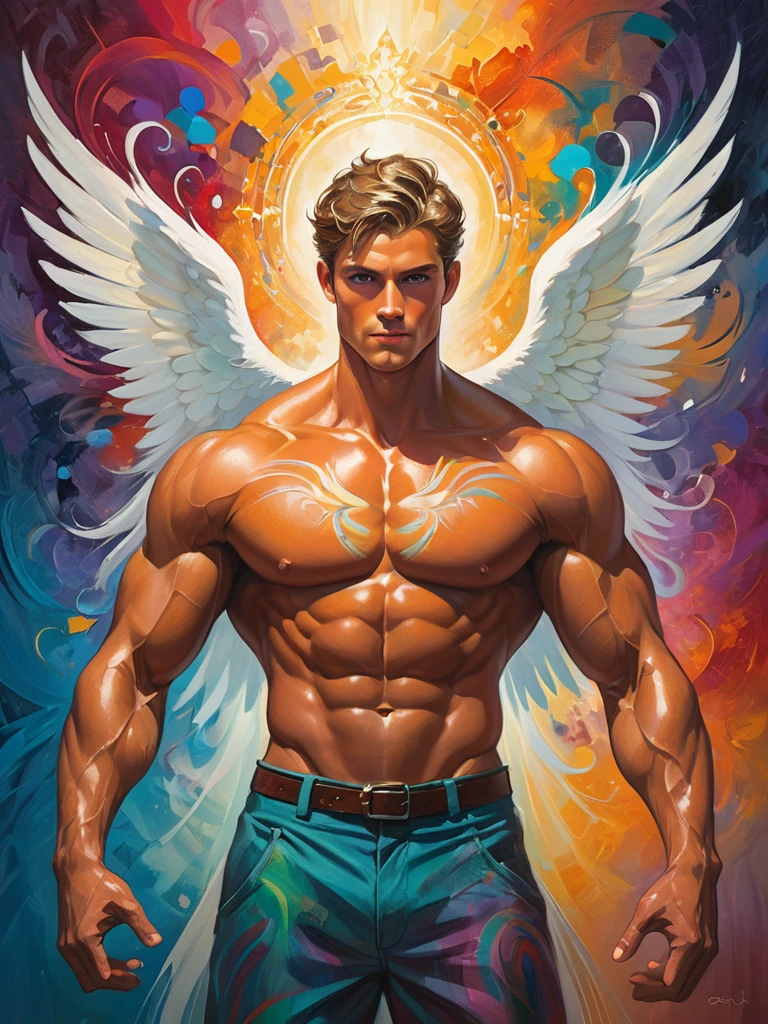 Regal angelical whimsical shirtless muscle male figures with a attractive expression, flanked by intricate flurry patterns and rich textures, painted with vibrant colors that seem to glow, creating a sense of depth and movement. The brushstrokes are precise and delicate, enhancing the ethereal attractive atmosphere of the scene. Bright highlights and deep shadows play together to emphasize the volumetric virile composition of the painting, drawing the viewer's eye towards the centered figure with an almost otherworldly presence.