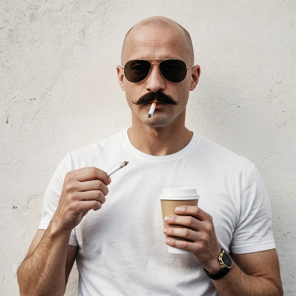 A young bald head man with moustache wearing sunglasses holding a coffee cup and cigarette. Minimal monochrome. White and gold. Morning vibes