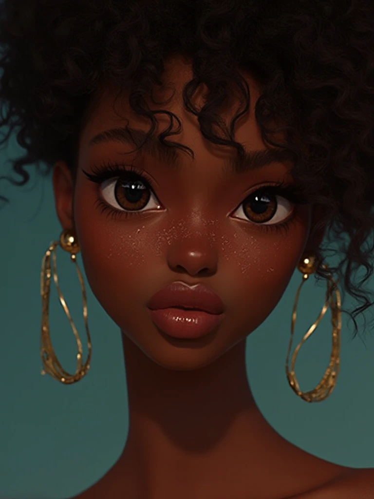 A high fidelity portrait posing a black American woman with iridescent skin, interacted detailed lips, shining black eyes, middle eastern aesthetics, hueFlow, minimal, centric, phenomenal pixar animation style