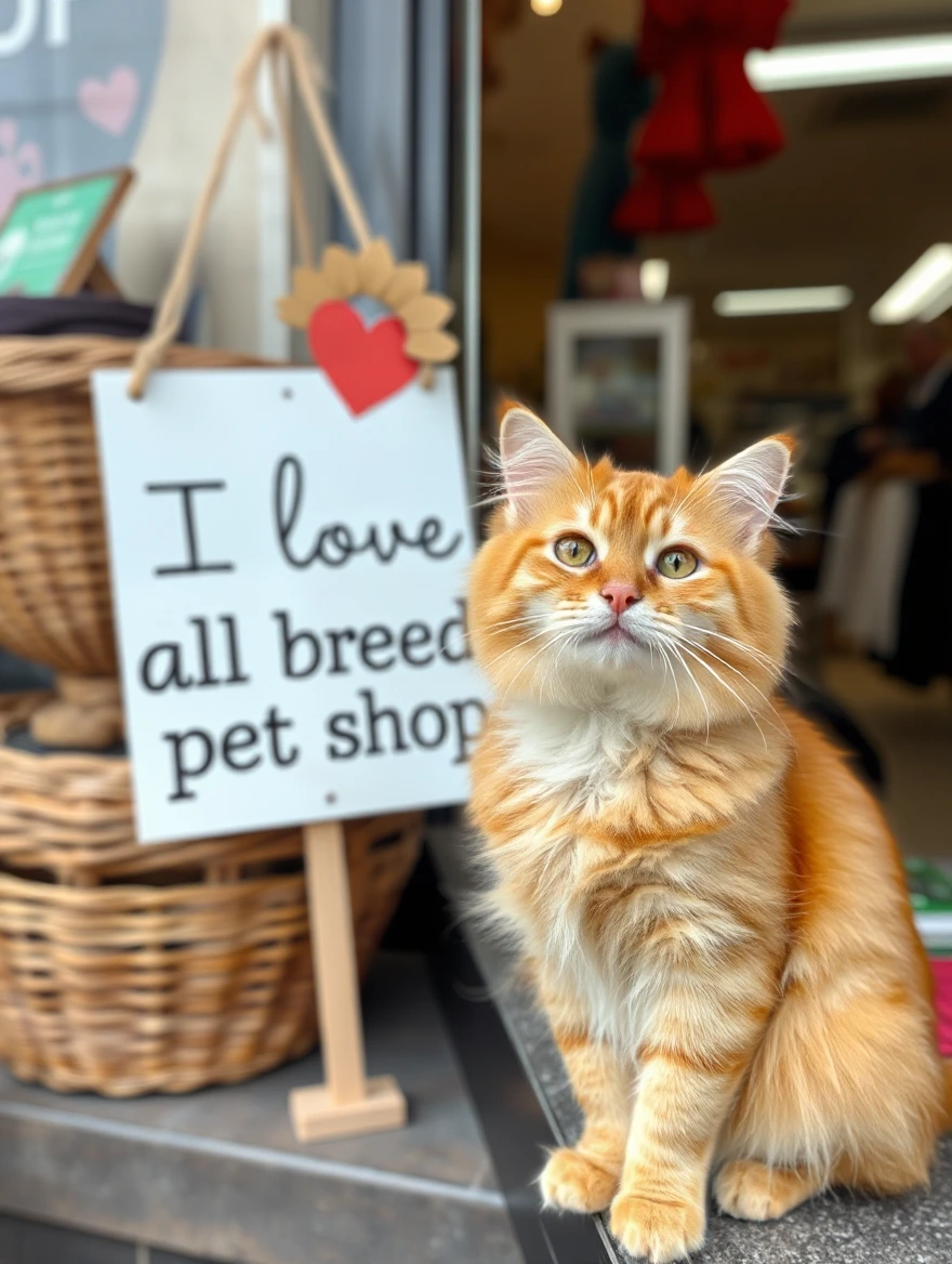 orange persian cat  showing the sign " i love all breed pet shop " infront of pet store