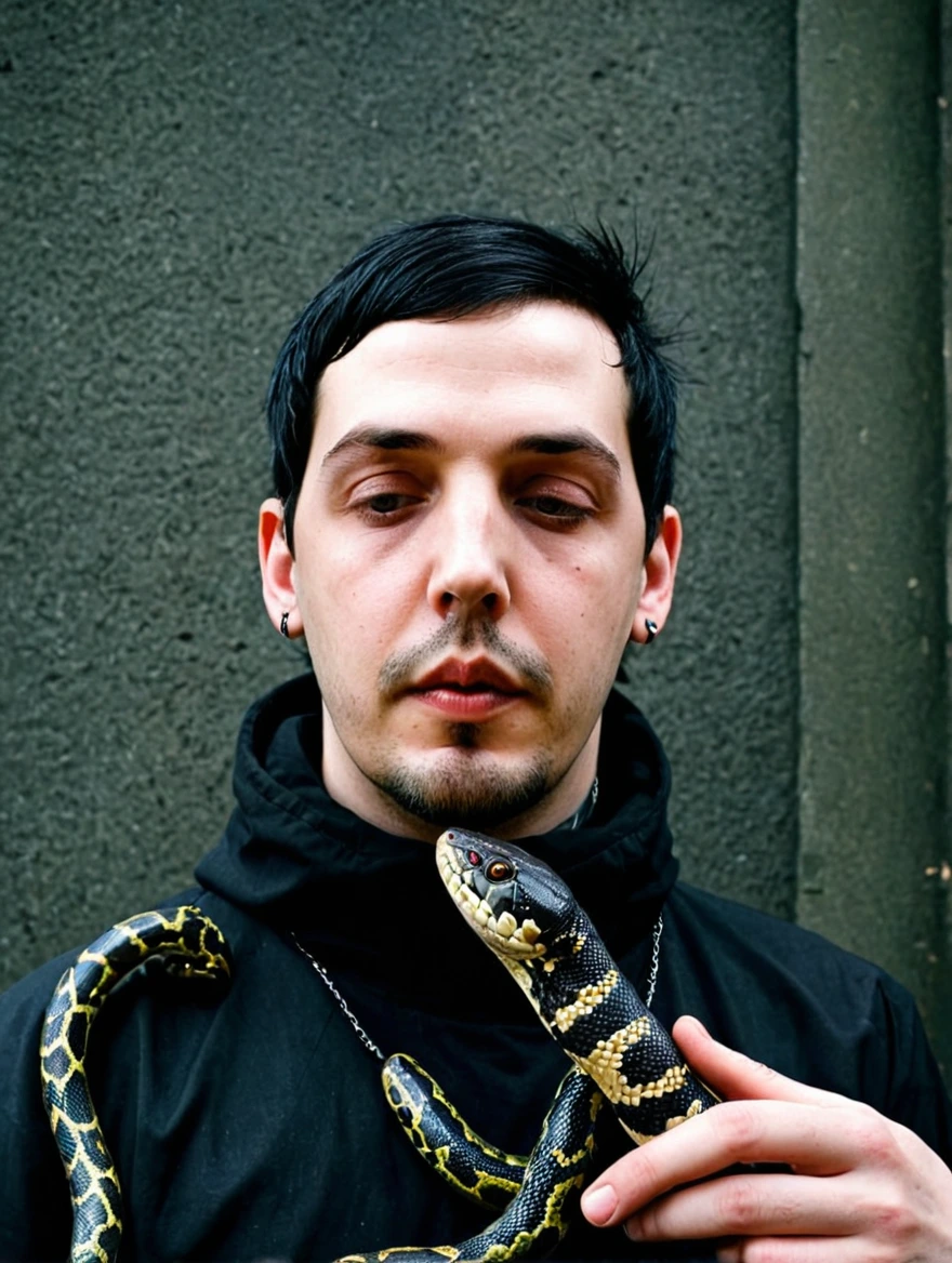 A male goth with piercings and a pet snake