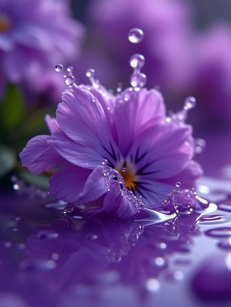 Splashing purple liquid, close-up, purple rain falling on violets, macro photo focus on splashing purple raindrops on the violet petal, in the style of Robert Crumb, Stanley George Miller, and Arnulf Rainer, create a image "Purple Rain falling on violets, macro photo focus on splashing purple raindrops on the lavender sidewalk