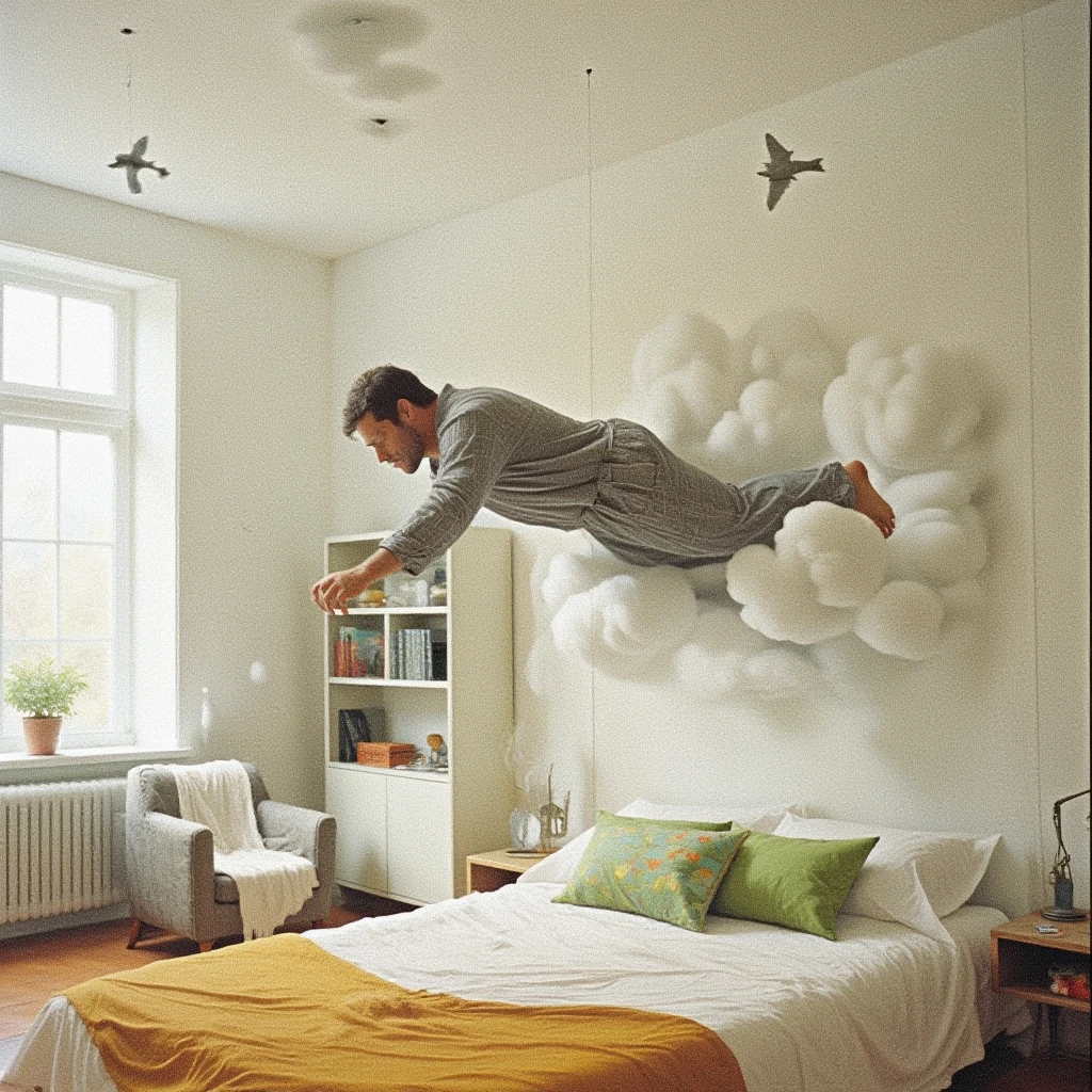 A surreal image of a modern, well-lit bedroom full of white clouds floating with birds and small aircraft with a man levitating horizontally above a bed. The man wearing a gray plaid pajama, and appears to be in a deep sleep or relaxed state, with his eyes closed. while the rest of his body is suspended in the air. 
The bed below him has a white, slightly disheveled sheet, with a mustard yellow blanket partially draped over the side. There are two pillows on the bed, one green and another with a colorful geometric pattern. 
In the background, a cozy upholstered chair with a white blanket draped over it is visible. To the left, there is an open shelf with books and decorative objects, and a potted plant on a dresser. The room is softly lit by natural light coming through a large window, illuminating the serene yet mysterious scene. The walls are light-colored, likely white or a very pale shade, which enhances the focus on the levitating man and the soft-toned elements in the room. The overall atmosphere is calm and serene, with the levitation adding a dreamlike, slightly unsettling contrast.