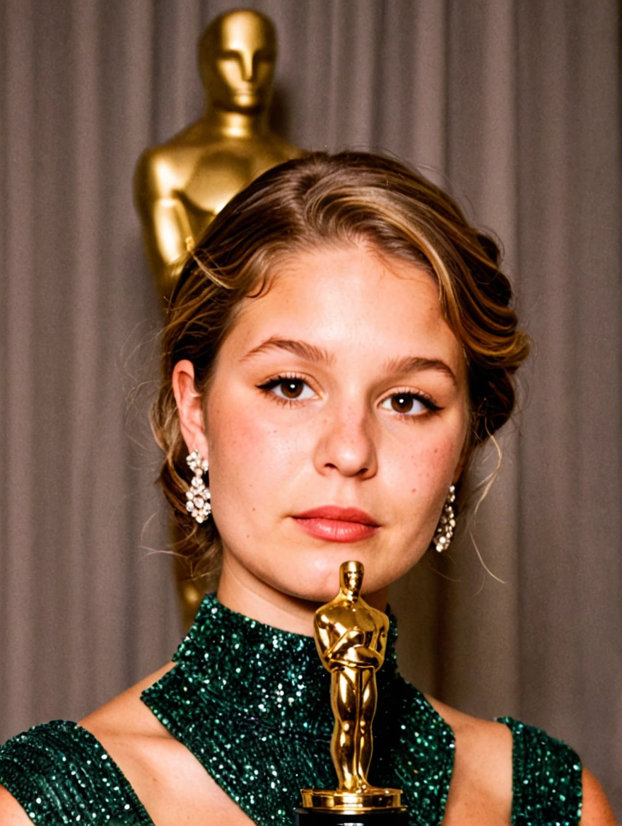 Woman wearing a glamorous dress winning an Oscar