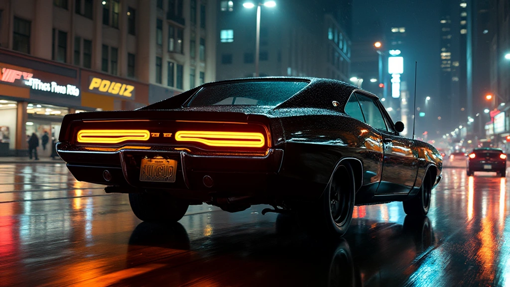 A shiny, midnight black Dodge Charger R/T with glowing yellow taillights speeding down a glistening city street on a rainy night. The sleek vehicle reflects the vibrant lights from the surrounding urban landscape, creating a dramatic and dynamic scene full of motion and power.