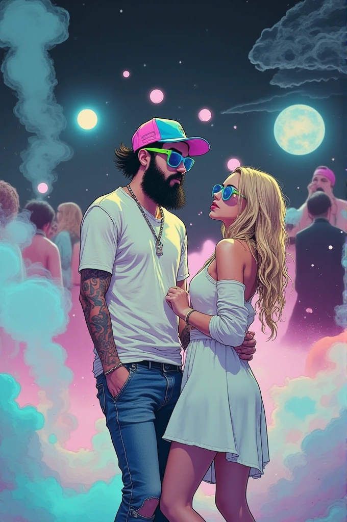 ( stunning young woman) long blonde hair dancing in a nice white dress looking over at the attractive male, dancing with all of her girlfriends in a club in a dimly lit room engulfed in flickering club lights and billowing smoke, creating a mesmerizing and mysterious standing next to an attractive 

caucasian male scruffy with epic beard neon pink and blue backwards ball cap neon blue sunglasses with neon green shoes, wearing designer jeans and designer t-shirt, athletically toned and built 36 years old djing in the way background

looking intensely savage dressed like a rich rapper wearing amiri varsity outfit , style of rapidly drawn rough crayon sketch.
video game loading screen style, 

two people in this portrait cinematic, epic realism,8k, highly detailed, surrealist style, fantastical, magical, unexpected, super detail, dreamy lo-fi photography, colorful, documentary film still, color field painting, short lighting technique, spotlight, spooky vibe, on the moon, in a desert, bird's eye view, tiltshift, medium shot, upper body, sad vibe