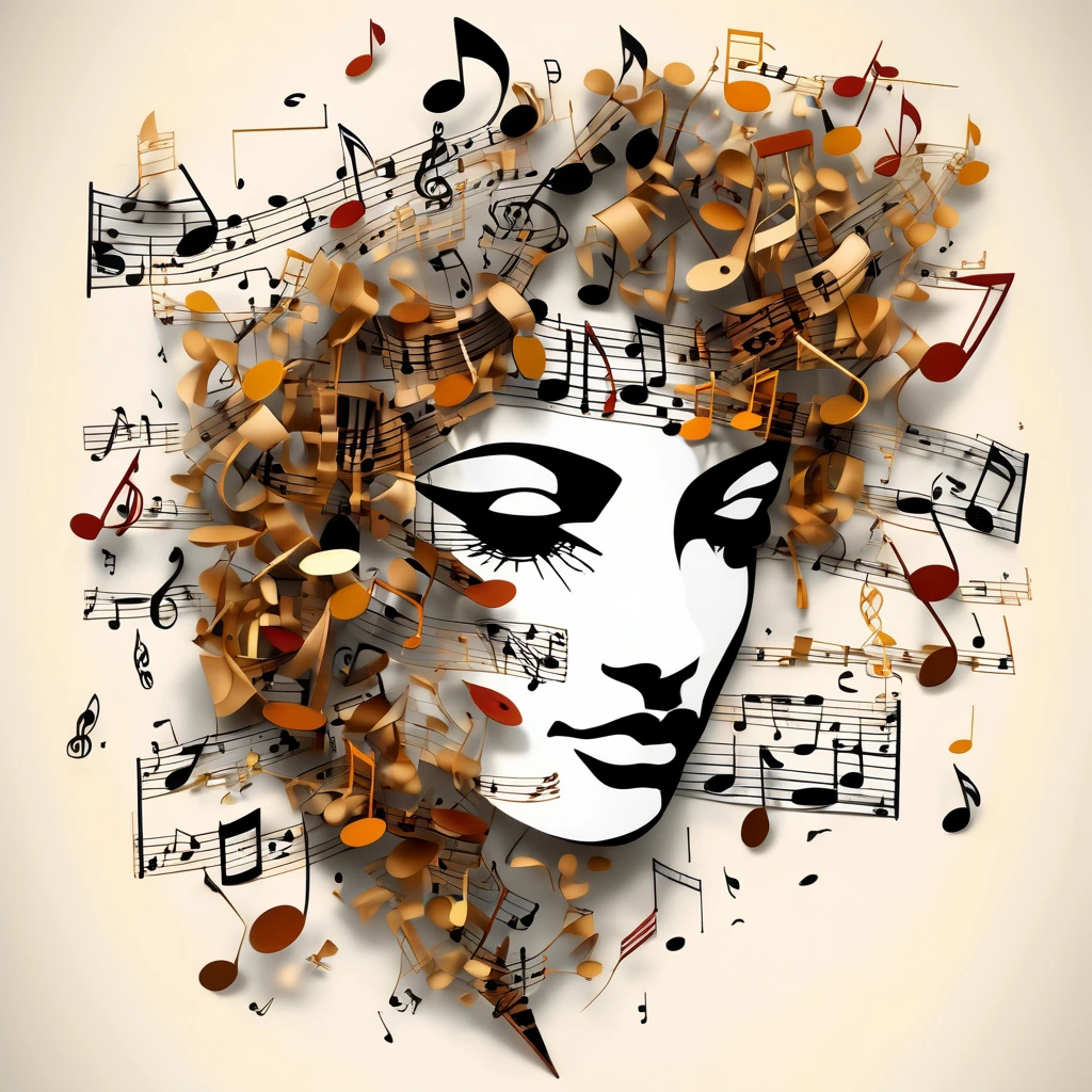 Create a womans face, pieced together from broken musical instruments and music notes