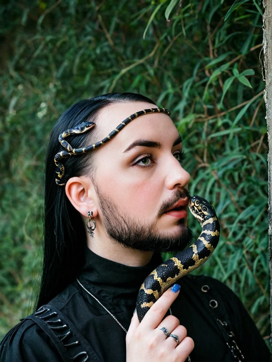 A female goth with piercings and a pet snake