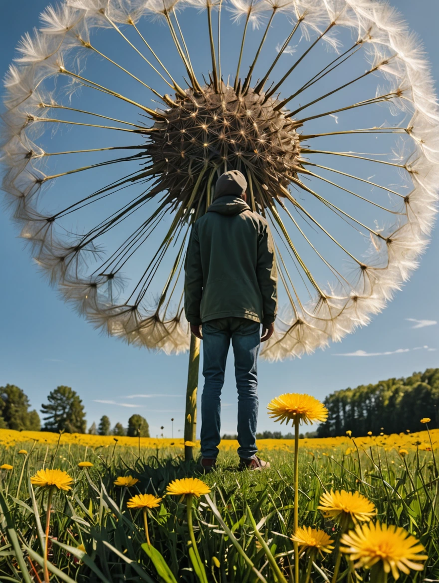 tiny man standing under a giant dandelion