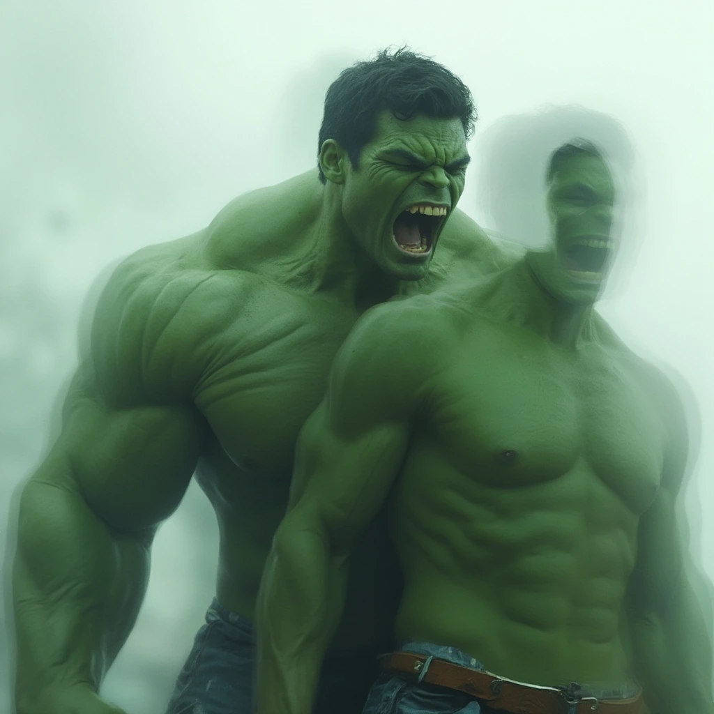 A multiple exposure photography scene in deferent positions capturing both Mark Ruffalo with Halk, shows stages for Mark Ruffalo turns to a massive Hulk with pain and screeming with sound waves effects. The image shows several layers of the transformation in different stages of a flowing Mark Ruffalo move, blending together with blurred transitions. Each layer highlights different points in the movement, from a man till he become the Hulk, creating a sense of fluidity, control, and power. The overlapping layers give the composition a dynamic and abstract quality, emphasizing the energy and pain and massive power of the Hulk.