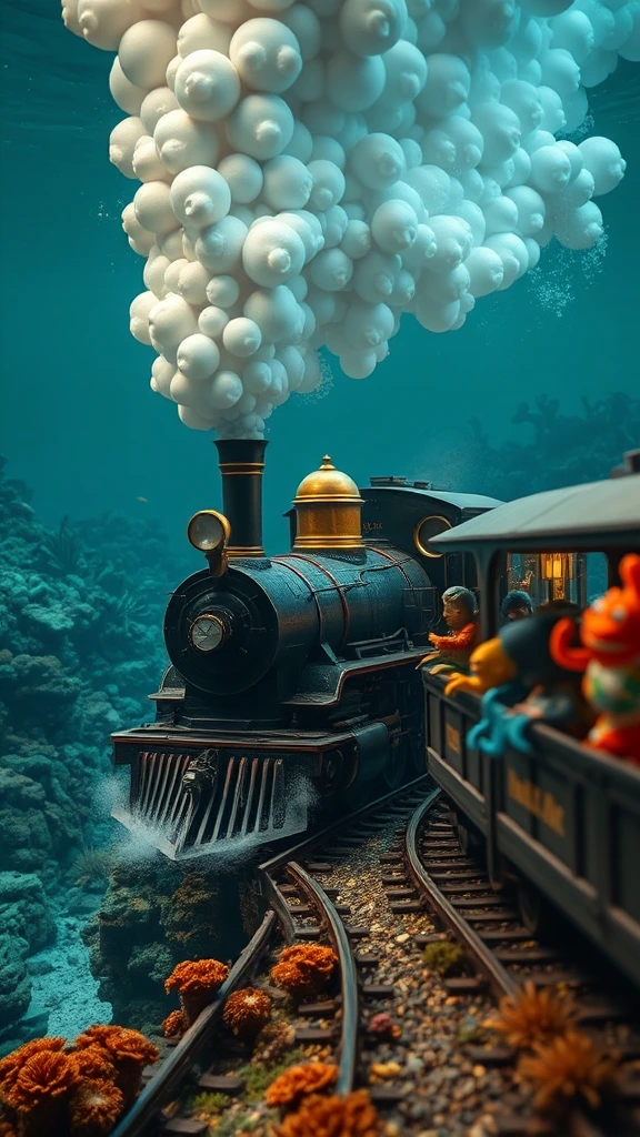 An underwater steam train, a flock of giant bubbles comes out of the chimney, the train driver is an anthropomorphic barb, the track is surrounded by coral and sea life, the train stops at a train station with sea life  boarding the wagons. side angle, tiltshift, long shot technique