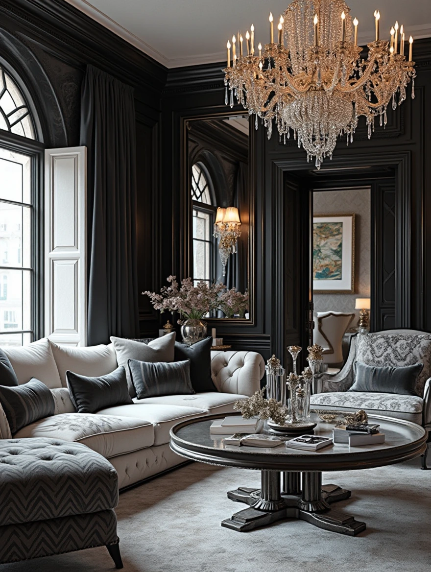 Interior full of rhinestone, striped black and white luxurious living room