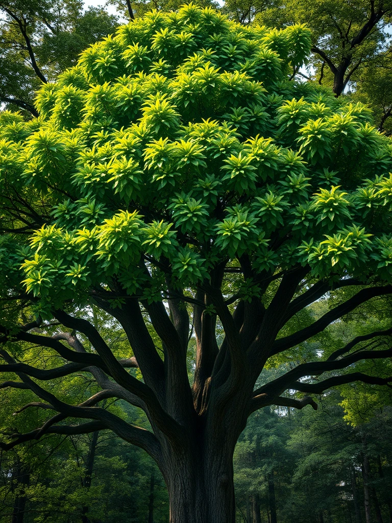 A breathtakingly realistic 8K resolution photograph of a large, lush tree in a tranquil forest setting. The dense canopy of green leaves at the top of the tree has been meticulously arranged to form the subtle yet unmistakable outline of a demonic skull face. The skull is crafted entirely from the natural shapes and textures of the leaves, with the background forest visible through the spaces between the leaves to create the impression of the skull's features. The design is remarkably intricate, requiring close inspection to fully discern the eerie visage hidden within the treetop. The lighting is natural and the details are crisp, creating a sense of photographic realism. Everything about the image, from the tree's majestic form to the unsettling skull hidden within, should captivate the viewer's attention.