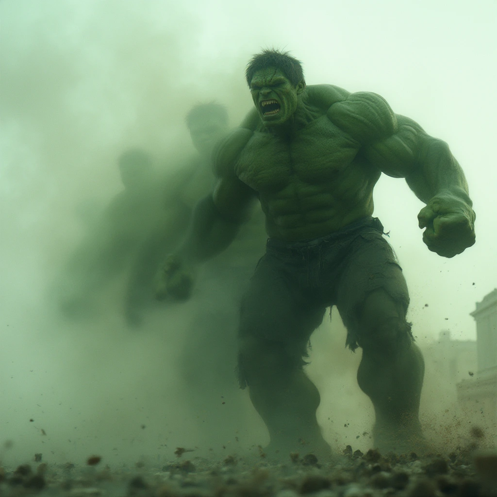 A multiple exposure photography scene in deferent positions capturing Mark Ruffalo and Halk, Mark Ruffalo turns to a massive Hulk with pain and screeming with sound waves effects. The image shows several layers of the transformation in different stages of a flowing Mark Ruffalo move, blending together with blurred transitions. Each layer highlights different points in the movement, from a man till he become the Hulk, creating a sense of fluidity, control, and power. The overlapping layers give the composition a dynamic and abstract quality, emphasizing the energy and pain and massive power of the Hulk.