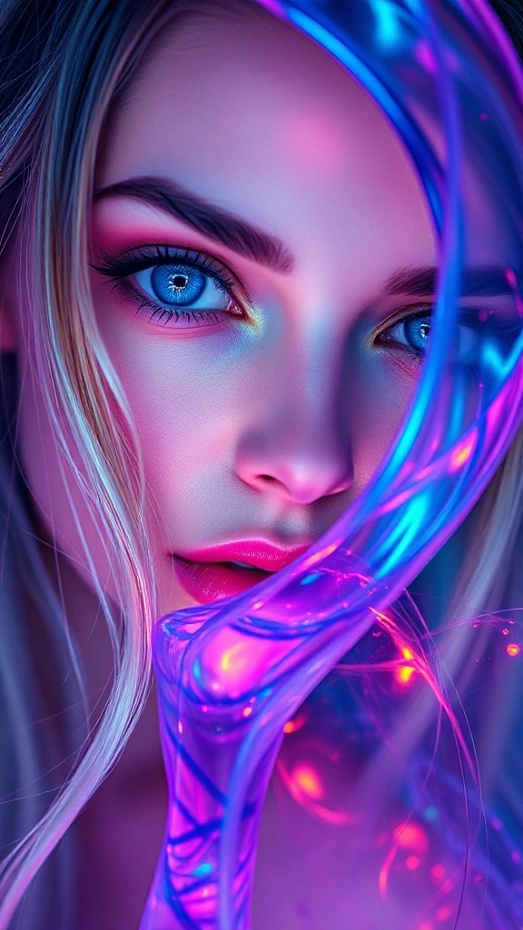 (neon-colored liquid), stunning female beauty, expressive (blue) realistic eyes gazing directly at the viewer, long flowing hair, pronounced cheekbones emphasizing her perfect facial structure, ethereal glow bursting with vibrant hues, surreal and enchanting atmosphere, high definition, ultra-detailed, captivating visual masterpiece showcasing the blend of nature and fantasy.