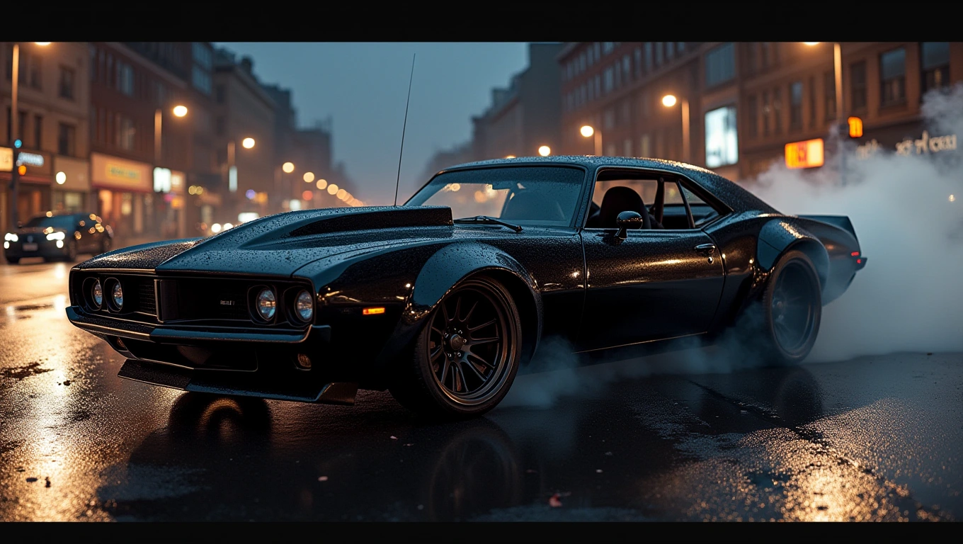 A sleek black musclepunk muscle car on a wet city street at night, reflecting the lights of the surrounding buildings and streetlights. Artistic molded fiberglass body bulging with the shape of human bodybuilder muscles. Squealing tires and a cloud of black smoke on the asphalt.