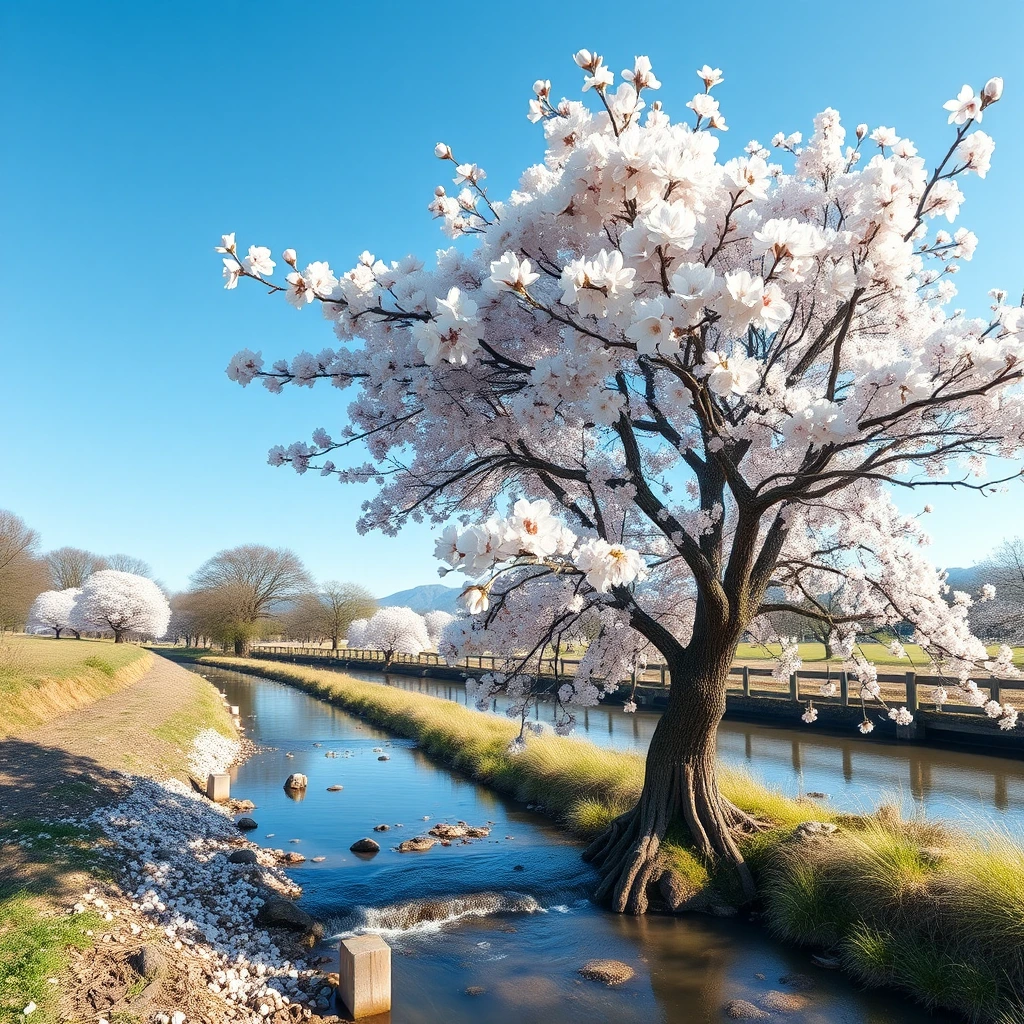 Generate a high-resolution, photorealistic image of a beautiful cherry tree in full bloom by a stream.
The illusion of a skull appears to be formed by the arrangement of windswept blossoms and boughs, as though through double exposure
, rendered in 8k resolution. In the style of Andy Goldsworthy and MC Escher