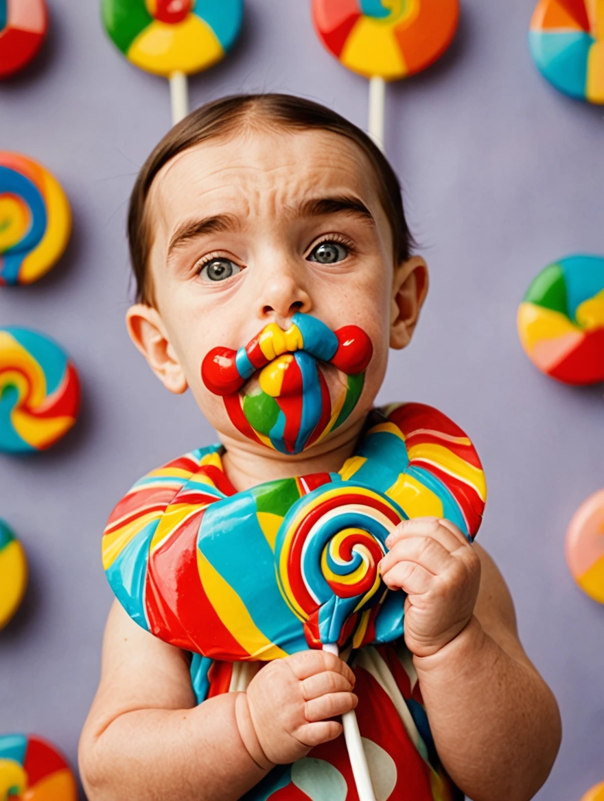 A baby holding a giant lolipop