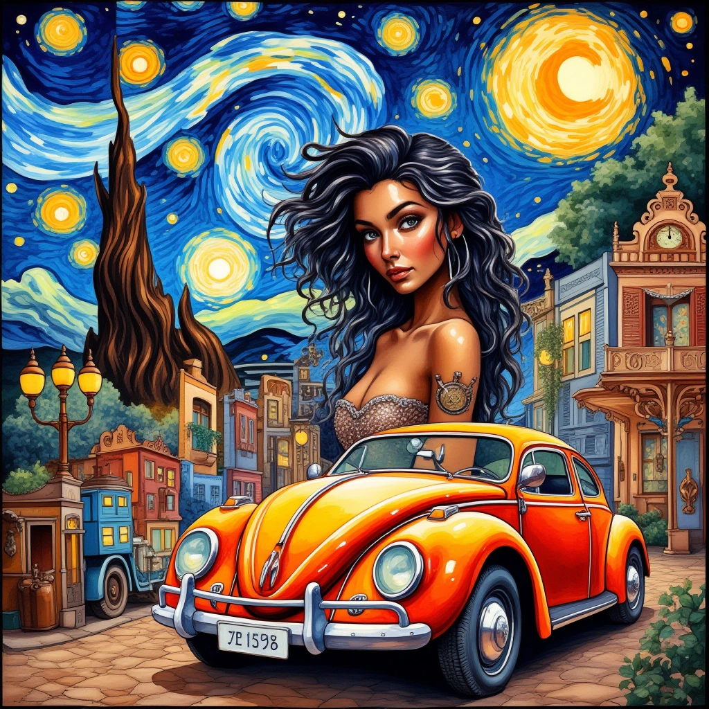 A surreal composition blending Salvador Dali's melting clocks, Vincent van Gogh's Starry Night sky, and MC Escher's impossible architecture. Adorned with the features of various artists, a stunning woman with long tousled ebony hair and a steampunk aesthetic stands beside a Volkswagen Beetle. In a distorted dreamscape, vibrant colors and intricate details intertwine, creating a mesmerizing and chaotic scene that captivates with its twisted beauty.