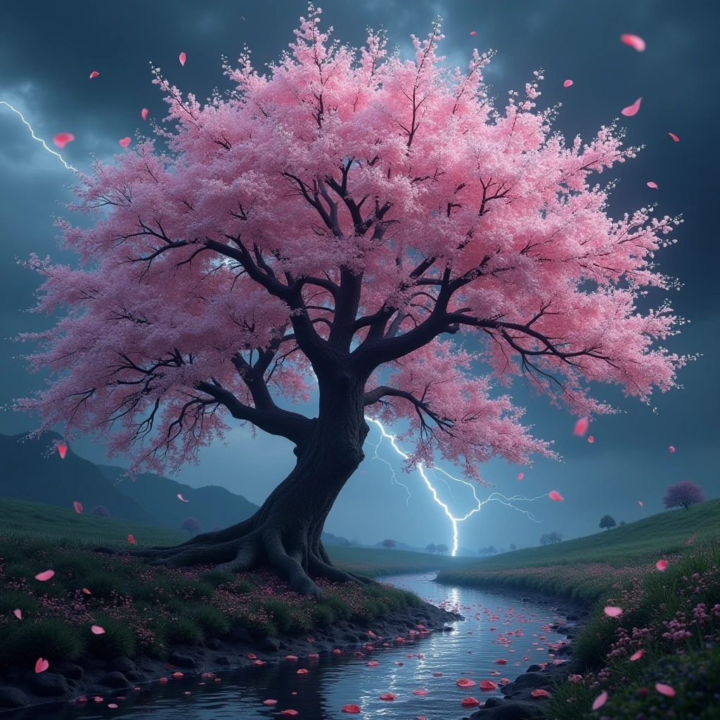 Generate a high-resolution, photorealistic image of a beautiful cherry tree in full bloom by a stream in a thunderstorm, petals floating and covering the surrounding ground. The windswept boughs against the stormy sky create the illusion of a haunting visage in the canopy, a demonic skull described by shifting light on the blossoms as the branches are blown by strong swirling winds.
, hyper-detailed, night, rendered in 8k resolution.