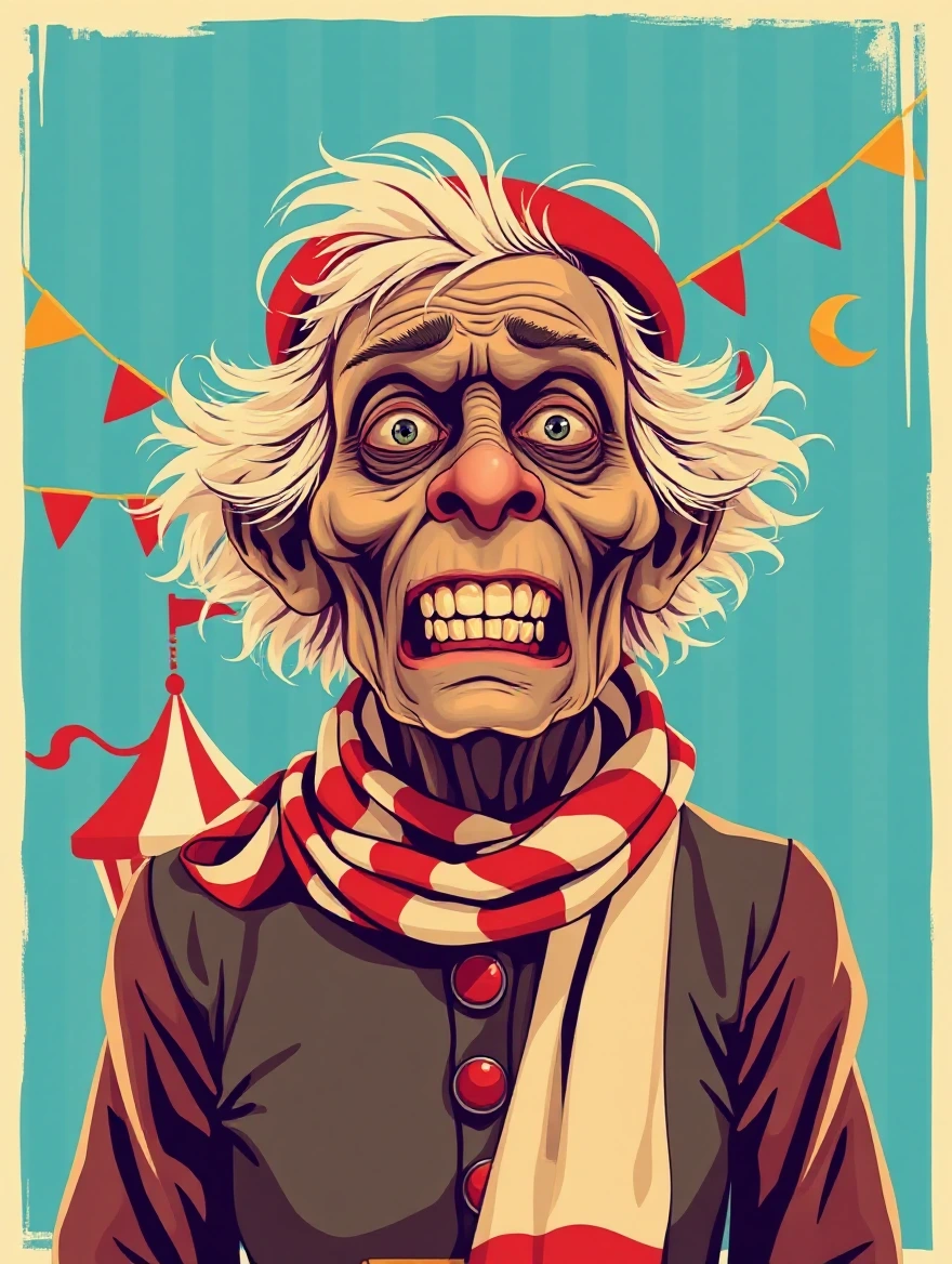 A poster with a horrible old woman funfair character with scarf, in a vintage style, with a flat colors strips circus-themed background