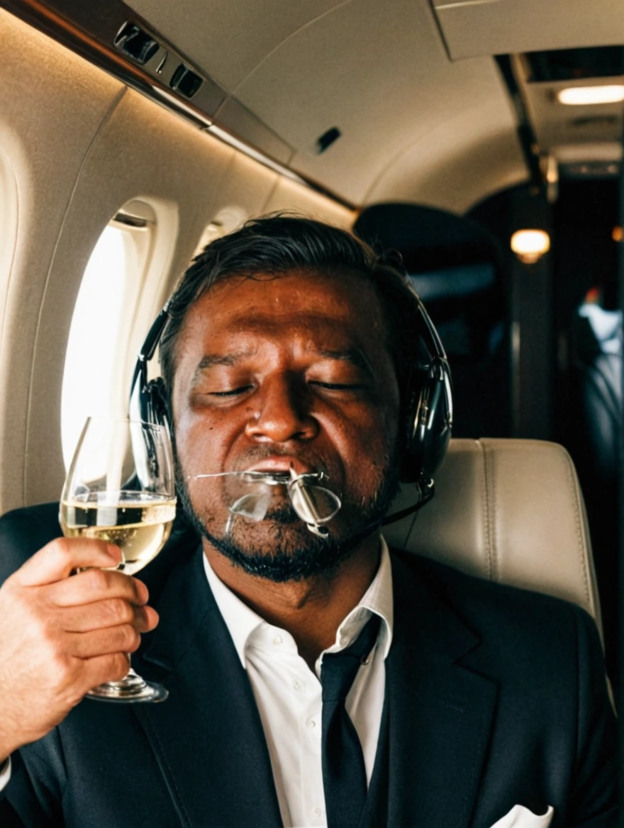 man drinking champagne on a private jet