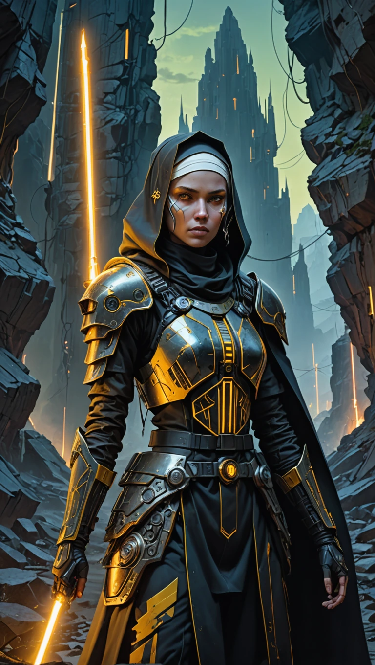 A cybernetically enhanced warrior nun with a stern stance stands amidst towering jagged rocks in a post-apocalyptic landscape. Her luminous armor, adorned with interspersed neon wires, emits a soft ethereal glow that contrasts with the desolate surroundings. Concealing her face with a nun's headscarf adds a mysterious allure. In her grip is a futuristic lightsaber, radiating a vibrant yellow light, crackling with volatile energy and projecting brilliant sparks, intensifying the tension-filled scene. Rendered in high-definition, every intricate detail of her elaborate armor and decorative elements is highlighted, creating a visually striking and immersive image.