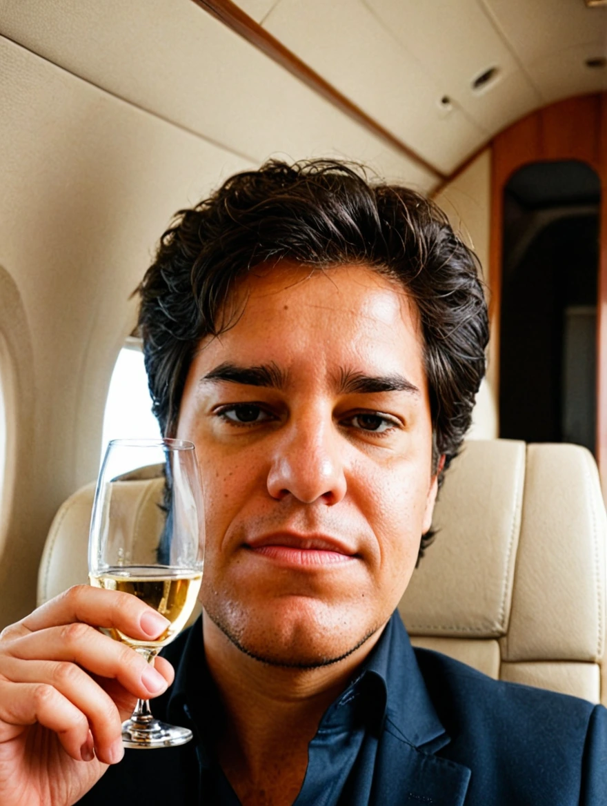 man drinking champagne on a private jet