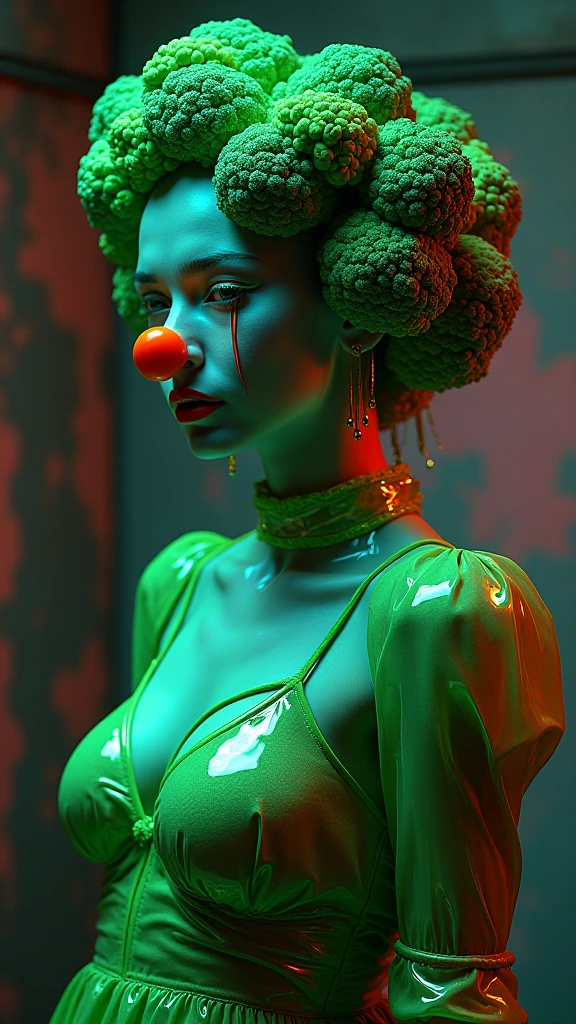 Neon colors, floral, unsettling, retro, vintage, glossy, satin-like, night-time, futuristic, iridescent,green , clown nose, futuristic fashion, scary broccoli whimsical, fantasy, green latex, dystopian, outdoors, metallic, hybrid, water, translucent, eerie, unsettling surrealism, muted colors horrorcore aesthetic [add buxom]