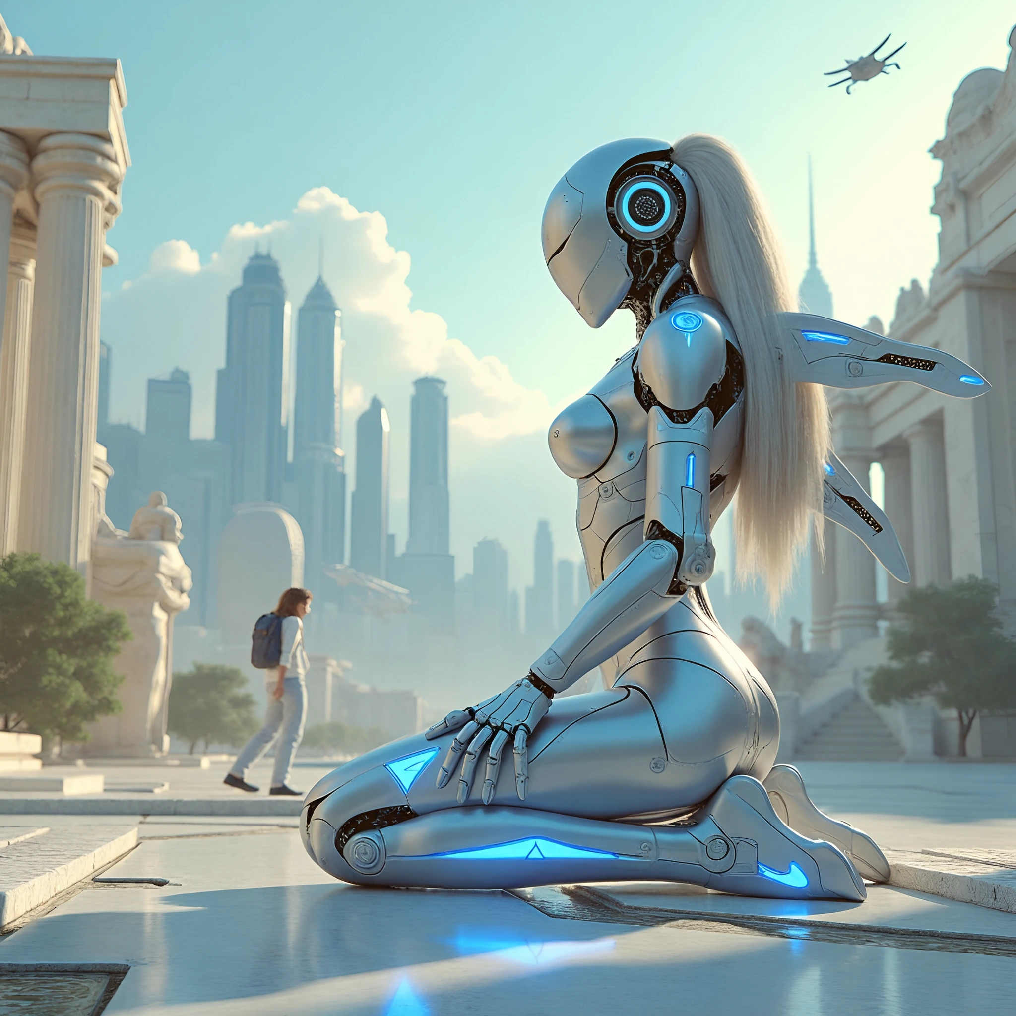 A Greco-Futurism styled cityscape blending ancient Greek architectural elements with futuristic buildings rises against the horizon. The skyline showcases a fusion of marble temples, statues, and columns harmonizing with sleek skyscrapers, flying vehicles, and holographic billboards. The color palette plays with whites, golds, and hints of neon blue accents to create a mesmerizing contrast. The scene invites viewers to ponder the coexistence of past and future in a vibrant and dynamic metropolis.


A futuristic female robotic warrior made of High Purity Titanium Steel (10% chromium) kneels in the Liquid Metal World Universe, conducting a complex repair. Her razor-sharp wings exude a fierce aura as she reverently approaches the Gateway. Neon bioluminescent gradients dance off intricate circuitry patterns on her metallic skin, while cybernetic enhancements pulse with blue light, enhancing her powerful appearance against the alien landscape. The scene is crafted in a photorealistic style with surreal elements, heightened by vivid colors, intricate details, and a cinematic flair.