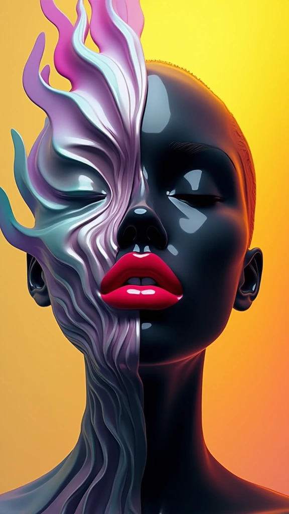 A surreal digital illustration of a glossy stylized human face with closed eyes made up of abstract, fluid shapes, with a combination of smooth, flowing lines and sharp geometric edges. The left side of the face is formed by a mix of colorful, swirling liquid wavy shapes moving upwards in shades of purple, teal and white and covering half of the face entirely, while the right side features a more rigid, black, separated sharply in the middle. sculpted form with minimalist features. The lips are bright red and glossy, positioned centrally, creating a striking focal point. The background is a gradient that transitions from warm yellow-orange at the center to a darker shade at the edges, giving a glowing effect behind the abstract face. The overall style is futuristic and artistic, with a strong emphasis on contrast and symmetry.