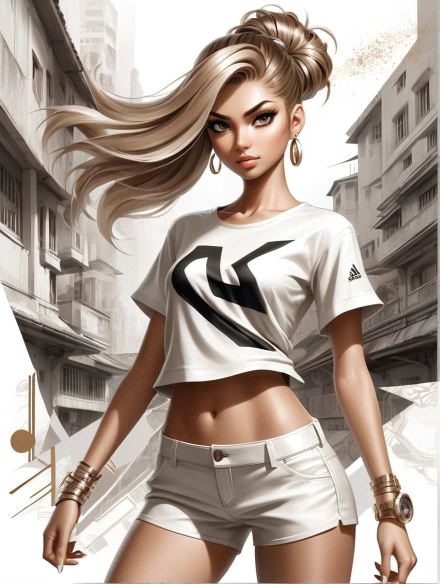 An alluring anime girl with a glamour edge, sexy a trendy combination of a stylish top and short. Inspired by the distinctive style of Adi Granov, the image features a unique blend of light bronze and White tones, creating an exotic and eye-catching look. The character caricatures add a touch of playfulness, muse, while maintaining a crisp and clean appearance. With a hint of hatecore vibes and a nod to Alexis Gritchenko, this composition captures the essence of artistic rebellion add under foto text XF1.