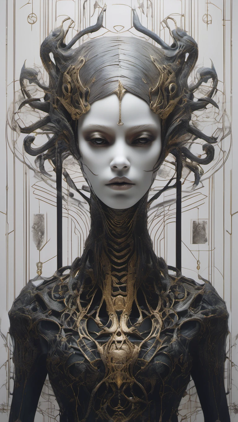 A detailed and eerie concept art of a porcelain vampire doll in a gloomy portrait, intricately designed by Agnes Cecile and Artgerm. The image features intricate details, a fantasy atmosphere, and an ominous, matte painting-like quality, similar to a movie poster. It incorporates elements of the golden ratio, with a spooky vibe and cinematic feel. Created in high-resolution, it showcases a masterpiece of artwork that is trending on CGSociety and ArtStation. Influenced by H. R. Giger and Beksinski, this highly detailed and vibrant production character render is of ultra-high quality.