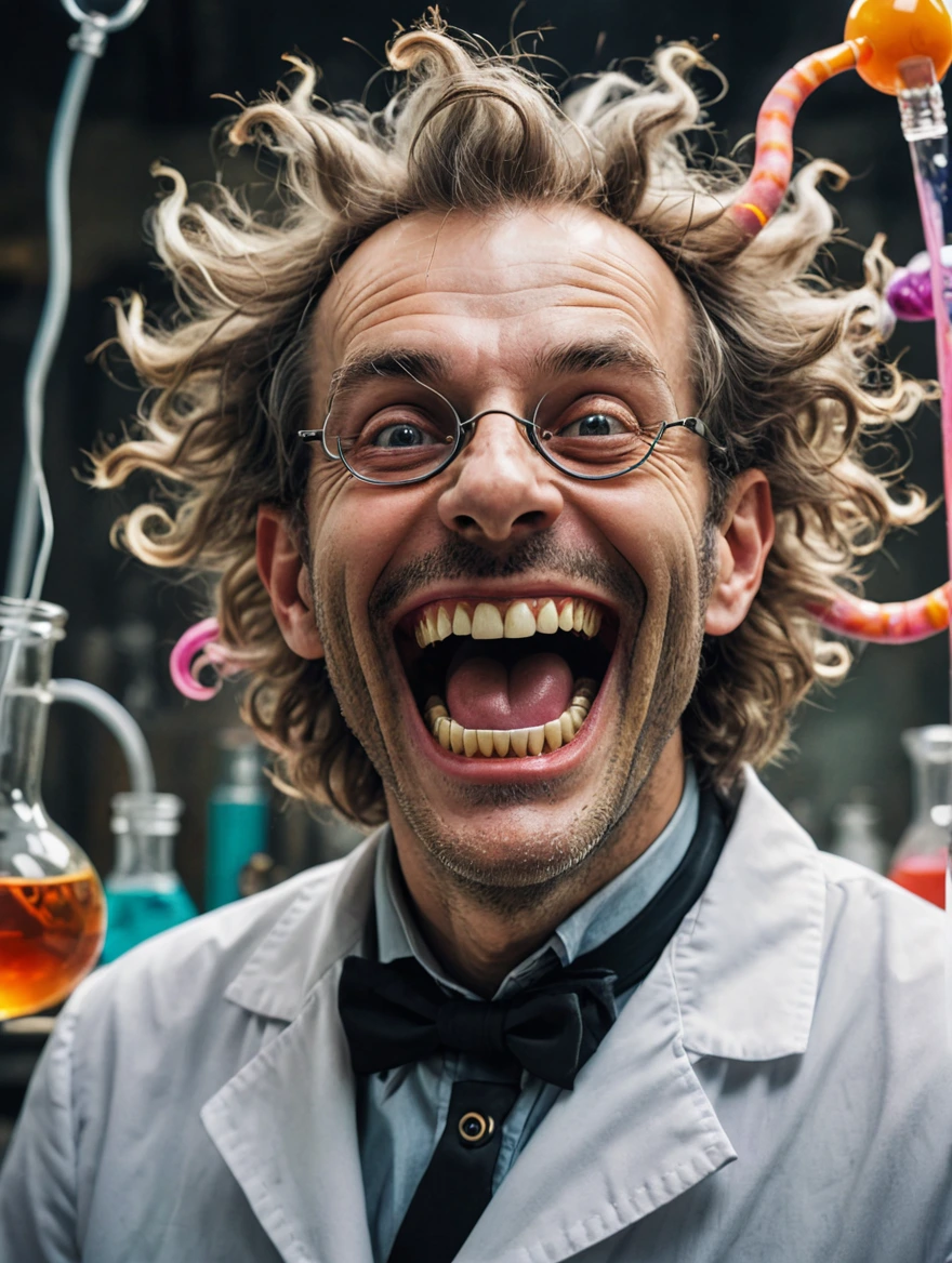 A mad scientist is laughing in joy at his monstrous creation spooky vibe, surrealist style, fantastical, magical, unexpected, super detail, dreamy lo-fi photography, colorful