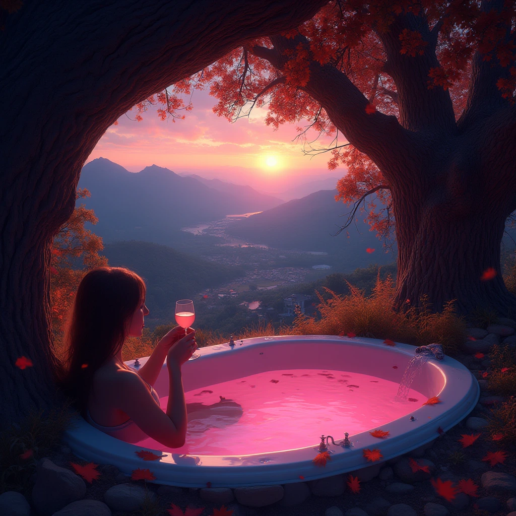 A hole in a massive oak tree trunk showcases a serene valley below with cozy village, bathed in warm sunset glow. Autumn leaves add color, creating a tranquil atmosphere. 

Vaporwave style: A woman in a bathtub enjoys a glass of wine, set against the night sky background. Pink water fills the large bath, exuding relaxation and dreamy vibes. The scene is filled with magic, fantasy, and a dreamlike atmosphere, perfect for a serene escape into the universe.