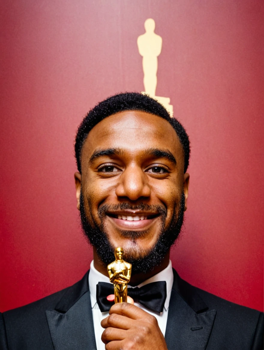 Man wearing a tuxedo winning an Oscar