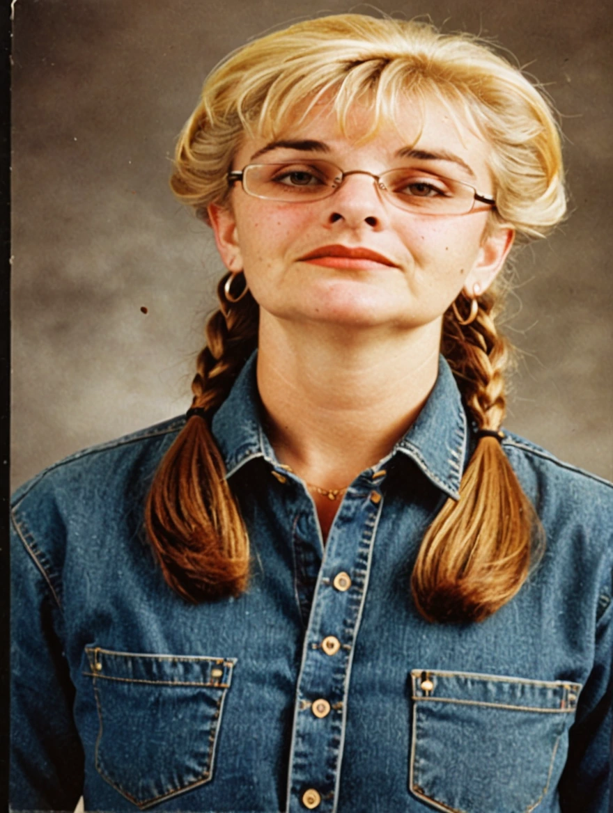 A 1993 yearbook photo of female high school student, plaid, jeans, hairspray, mini-skirts