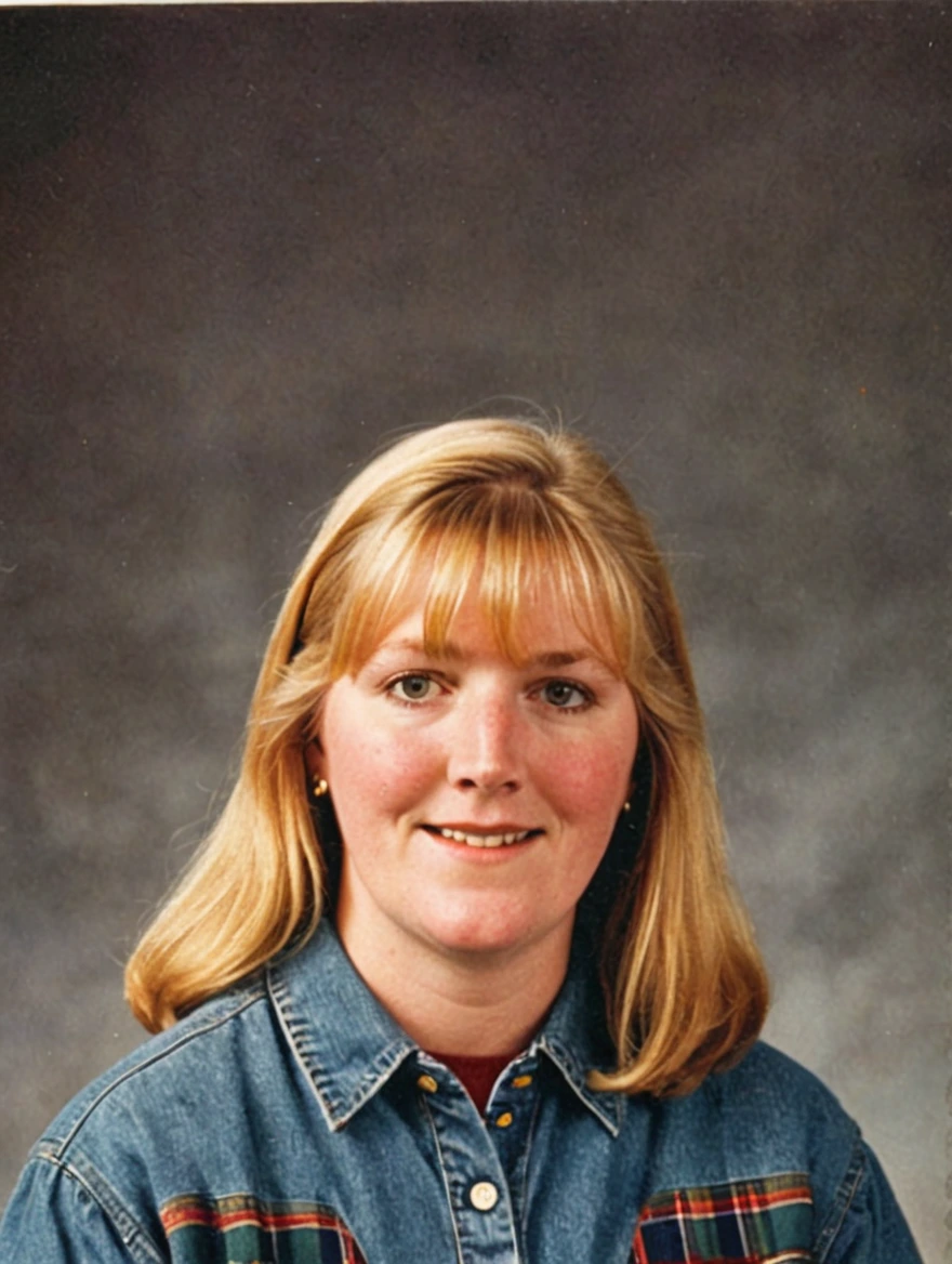 A 1993 yearbook photo of female high school student, plaid, jeans, hairspray, mini-skirts