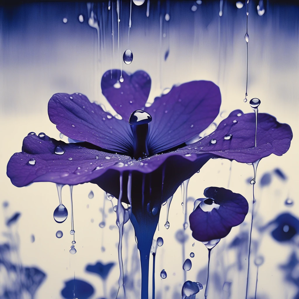 Splashing purple liquid, close-up, purple rain falling on violets, macro photo focus on splashing purple raindrops on the violet petal, in the style of Robert Crumb, Stanley George Miller, and Arnulf Rainer. Cyanotype photo