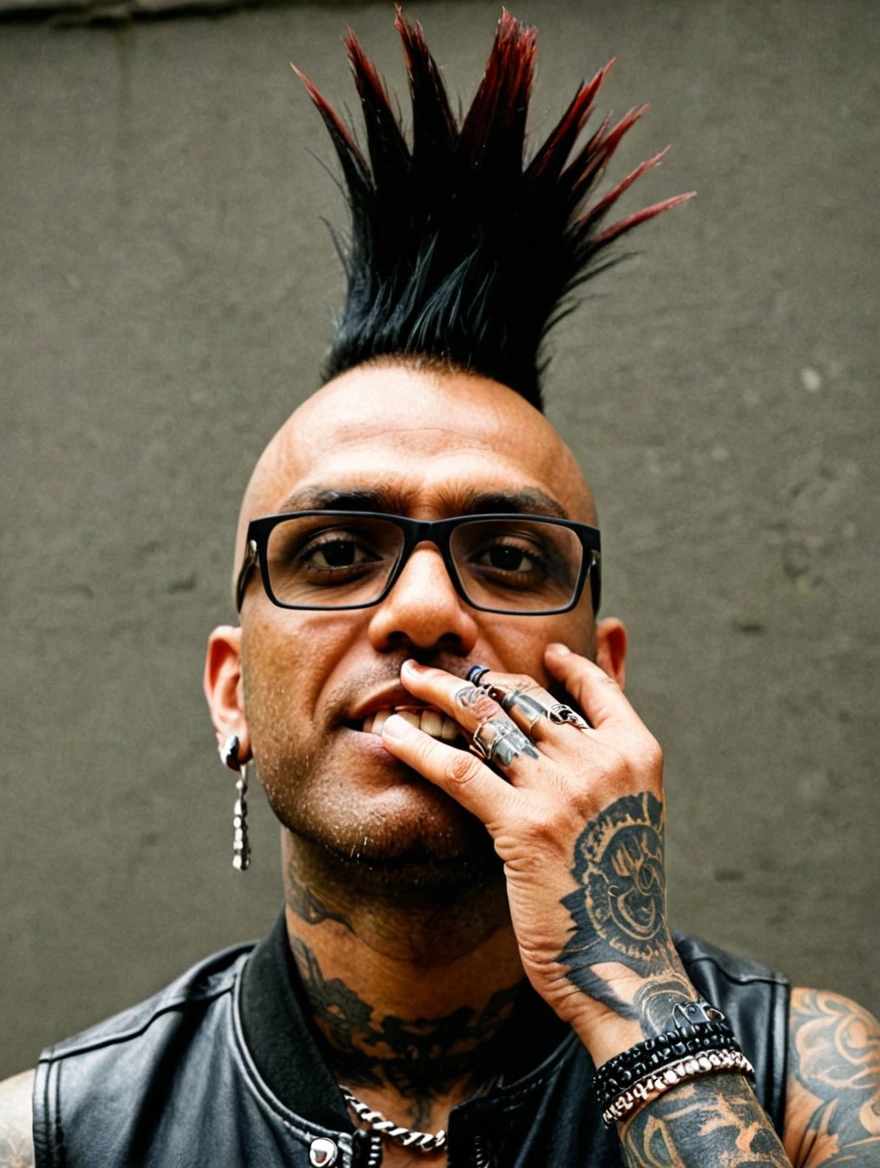 A male punk rocker with tattoos & a mohawk