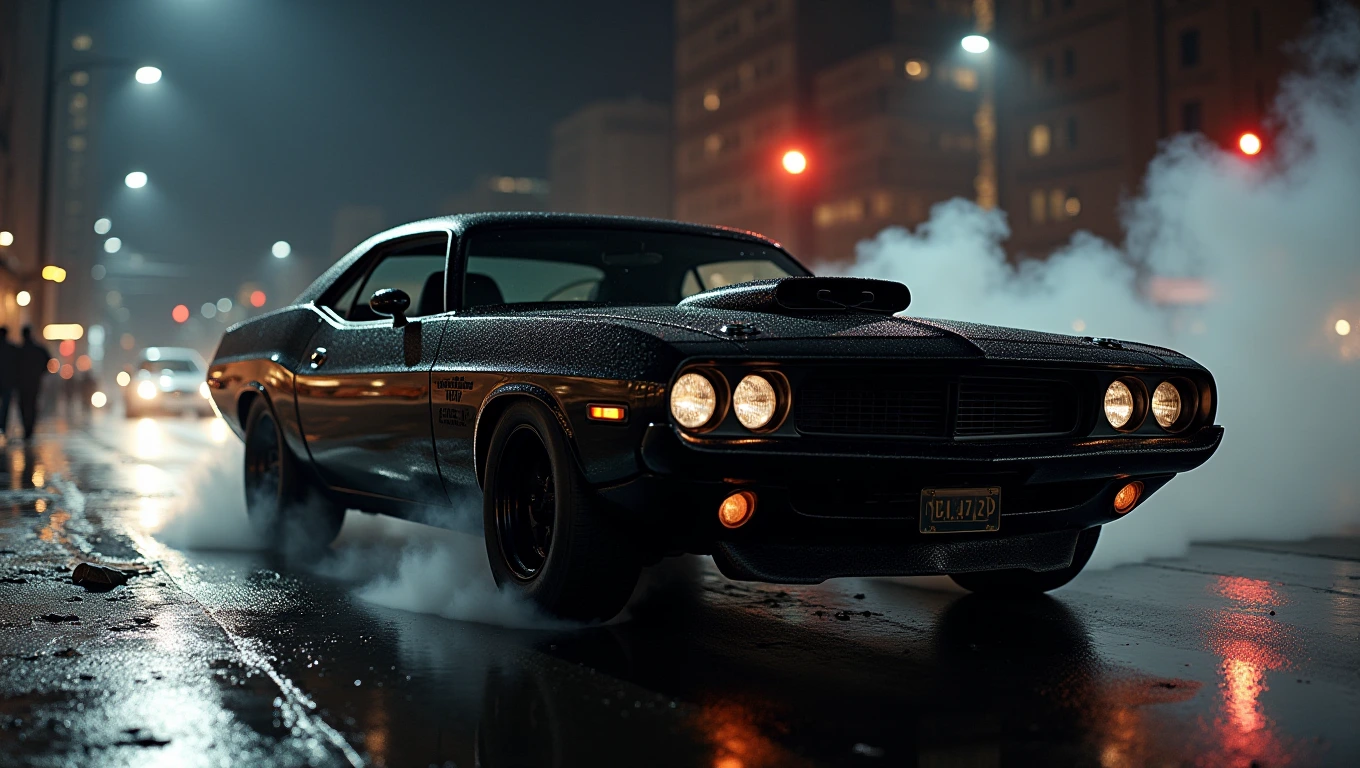 A sleek black musclepunk muscle car on a wet city street at night, reflecting the lights of the surrounding buildings and streetlights. Bulging with the shape of human bodybuilder muscles. Squealing tires and a cloud of black smoke on the asphalt.